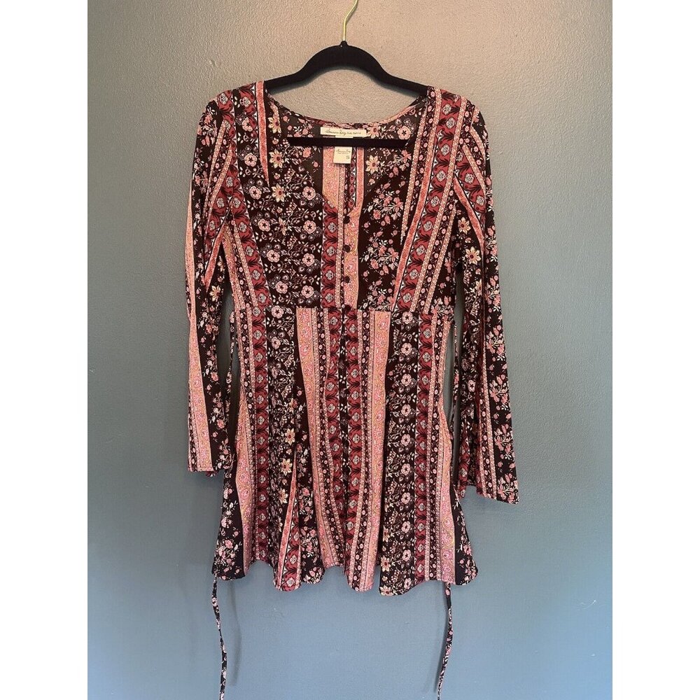American Rag‎ Button Front Floral Bell Sleeved Mini Dress Pink and Black Medium
